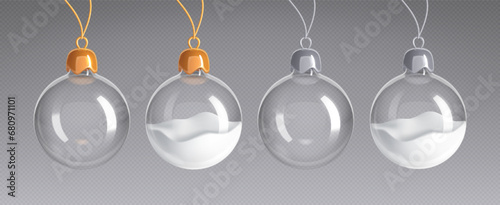 Realistic empty glass Christmas balls, hanging Xmas ornaments with snow. 3d transparent tree toys spheres, New Year celebration toy decor, winter holiday festive decorations vector element set