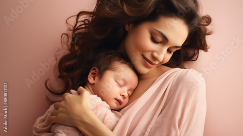 Tender Mother Holding Infant Lovingly, Pale Pink Backdrop