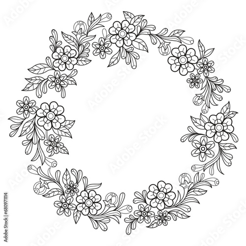Flower garden wreath hand drawn for adult coloring book