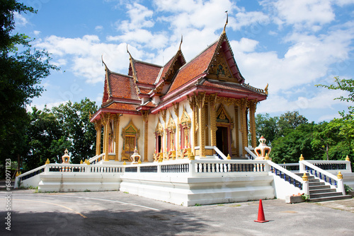 Ancient ubosot ordination hall and antique church chapel for thai people travel visit respect praying blessing buddha with holy mystery myth at Wat Tham Nam or Water Cave Temple in Ratchaburi Thailand