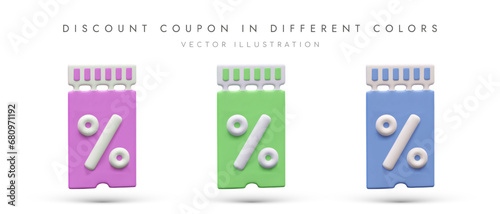 Set of tear off coupons for discount. Vouchers with interest signs. Promotional flyer. Vector illustration in cartoon style. Images for sales, promotions, bonus accruals