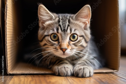 portrait of a cute tabby cat lying in a cardboard box © Маргарита Вайс