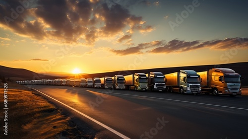 Serene Morning Glow Reflecting on a Row of Parked Commercial Trucks Amidst Majestic Landscape