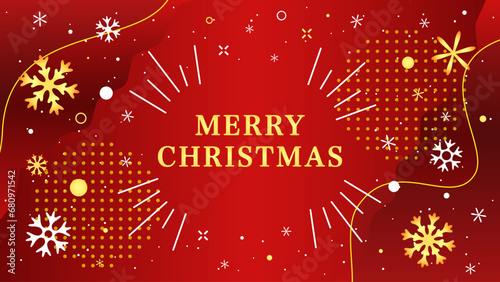メリークリスマスの英語の文字、キラキラした雪の結晶と赤色の背景。ベクターイラスト素材
