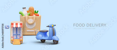 Food delivery. Scooter, phone with store on screen, shopping bag. Online ordering and delivery, grocery store services. Horizontal concept on blue background with text