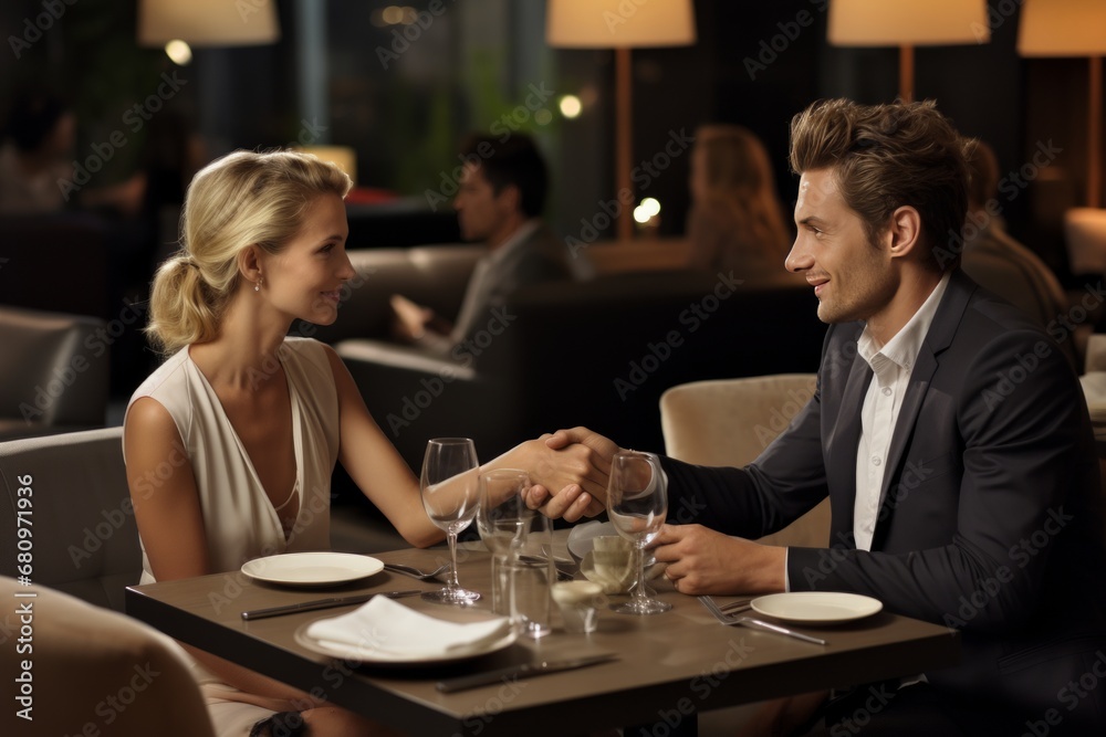Joyful Couple Shakes Hands with Real Estate Agent, Signifying New Homeownership Joyful Couple Shakes Hands with Real Estate Agent, Signifying New Homeownership