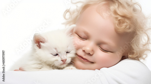 Happy Baby and Kitten Together, Gentle Rest, Isolated on White