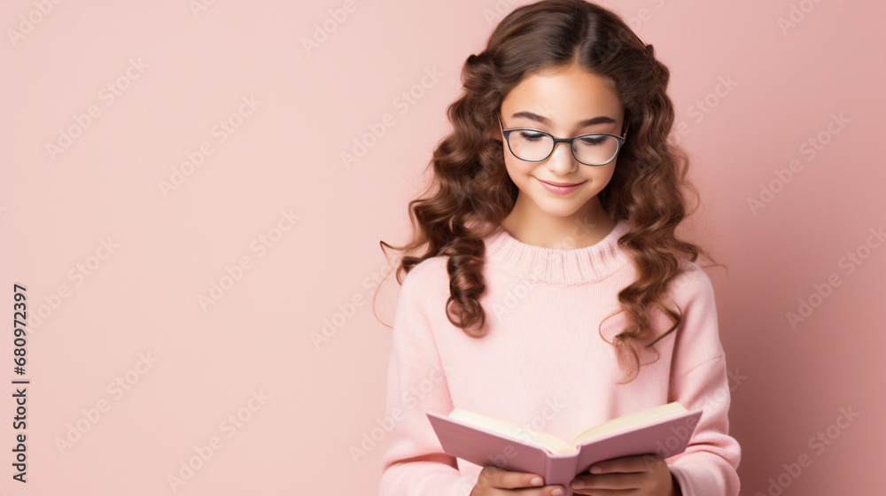 Focused Young Girl Reader, Isolated on Gentle Pink Focused Young Girl Reader, Isolated on Gentle Pink