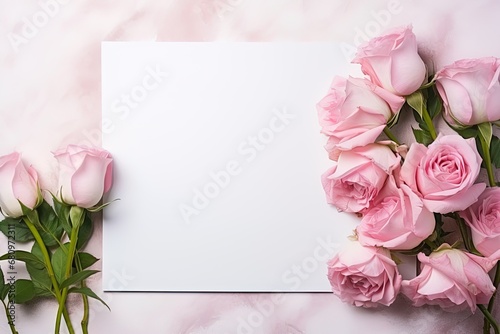 mockup white blank paper sheet with pink roses flowers top view, floral template empty card flat lay for design with copy space