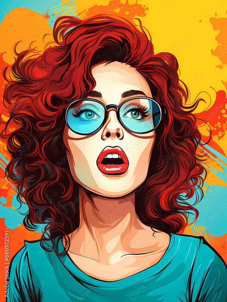 A Woman With Red Hair Wearing Glasses - Pop Art illustration of woman with the speech bubble