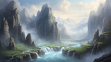 Towering mountains, their summits lost in a swirling mist, creating an ethereal and mysterious atmosphere. The rock formations are weathered and ancient, telling tales of time AI-Generative