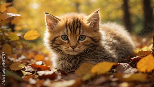 Fluffy Kitten Playing with Leaf in Garden © Zikku