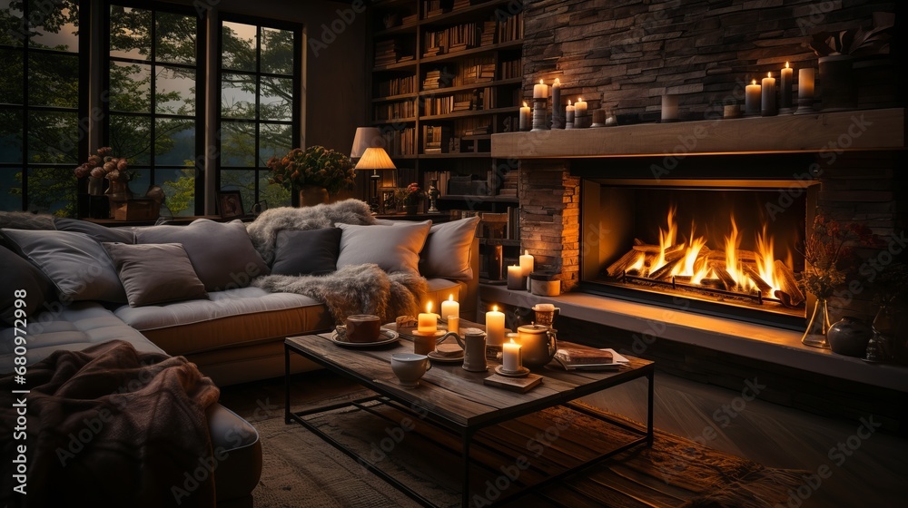 A cozy living room arrangement featuring a fireplace