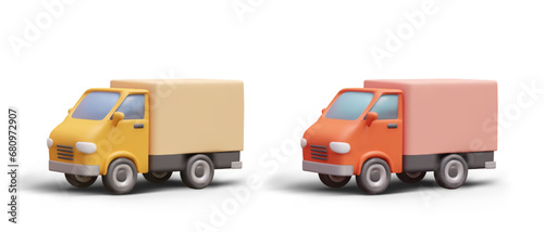 Orange and yellow 3D truck. Vehicle with unmarked body, mockup. Realistic car with shadow. Transportation of goods, delivery of parcels. Logistics company services