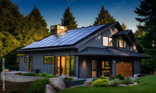 Solar panels on the gable roof of a beautiful modern home. Generative AI. © PSCL RDL