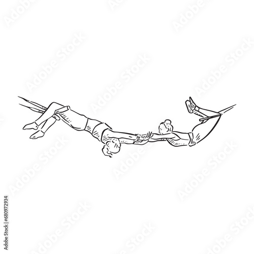 Line drawn acrobats flying through the air. Hand drawn line art featuring two people on a trapeze. 