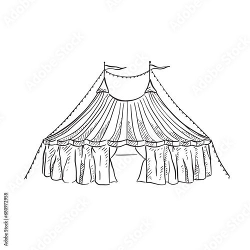 A line drawn circus tent in black and white with flags on the top and two tops. Hand drawing