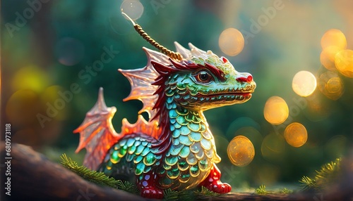 Wallpaper Mural Christmas tree decoration - green glass Dragon toy symbol of Chinese New Year 2024. Holiday celebration background. Torontodigital.ca