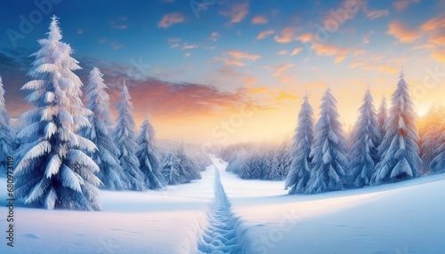 Narrow trodden path in winter snowy coniferous forest fairy landscape at sunny day background. Happy New Year or Christmas greeting card. Banner.