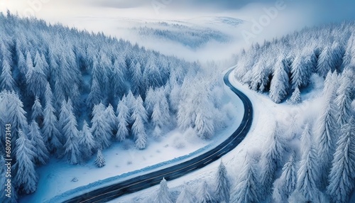 Winter snowy coniferous forest with winding road in mountain landscape. Blizzard has blown the roadway. Happy New Year or Christmas greeting card. Banner. © Juri_Tichonow