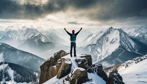 Climber alpinist at the top of a snowy mountain in winter. Cliff covered with ice, man hiker standing at the peak of rock and celebrates the success. Mountaineer reaching the summit. © Juri_Tichonow