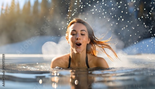 Woman in bikini plunges into icy water in frozen lake ice hole. Woman hardening the body  cold water therapy. Boost the immune system and improve mental health.
