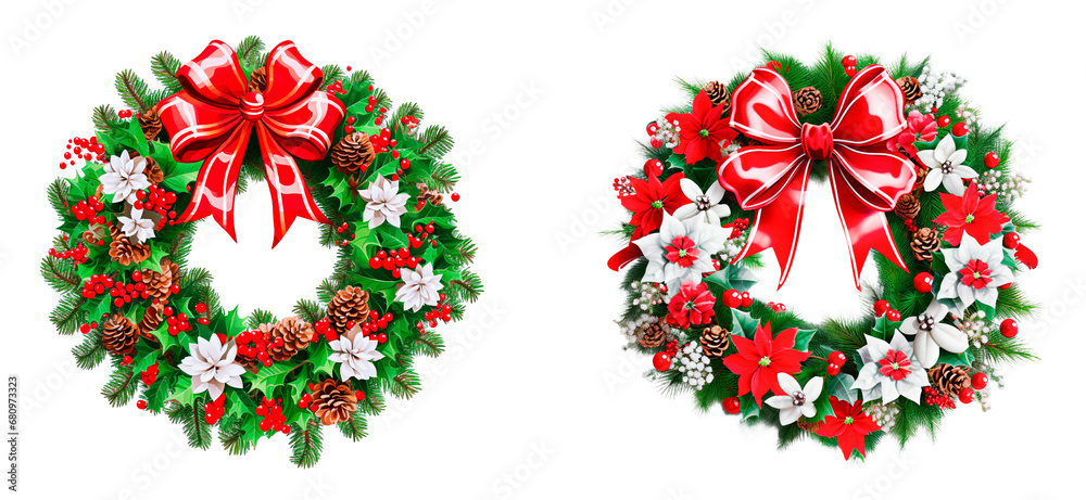 Set of Christmas wreaths decorated with red bow, pine cones and poinsettia, isolated Set of Christmas wreaths decorated with red bow, pine cones and poinsettia, isolated