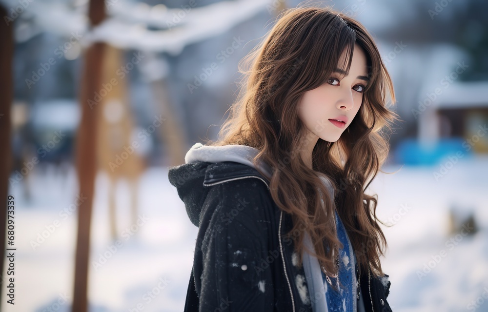 Unique beautiful Asian woman in pretty winter casual dress, urban city street background , generative Ai Unique beautiful Asian woman in pretty winter casual dress, urban city street background , generative Ai
