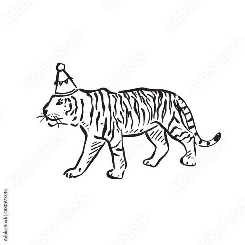 A line drawn tiger wearing a party hat. Perfect for a kids party, DIY invitations and party or event signage. Drawn by hand in black and white.