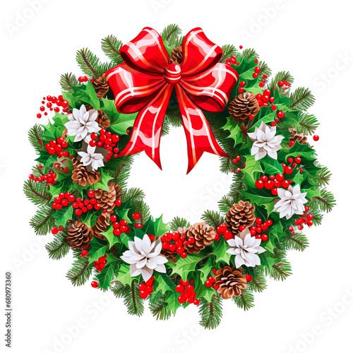 Illustration of Christmas wreath with red bow, pine cones and christmas holly plant, isolated