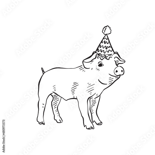 A hand drawn piglet wearing a party hat. Line drawn sketch in black and white and perfect for use on party invites for a kids party or party signage!