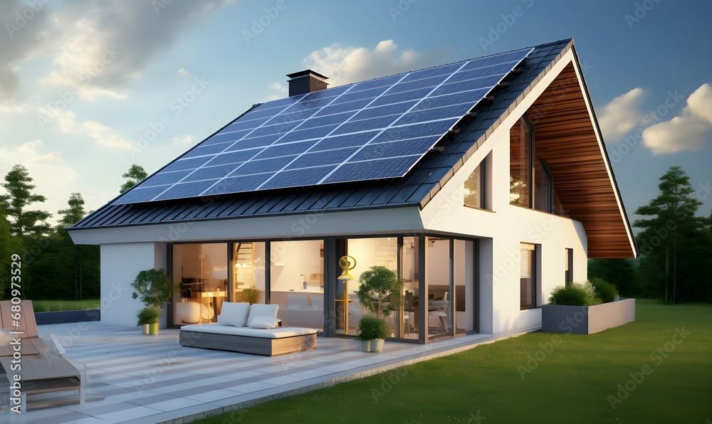Solar panels on the gable roof of a beautiful modern home. Generative AI Solar panels on the gable roof of a beautiful modern home. Generative AI