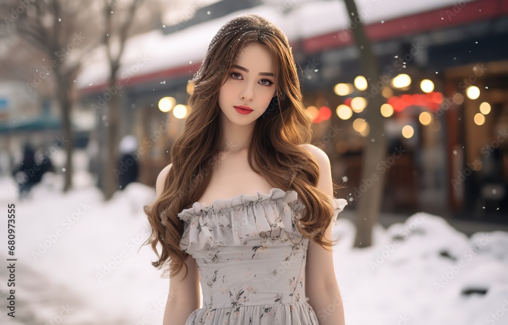 Unique beautiful Asian woman in pretty off-shoulder dress, winter snow fall city street background , generative Ai