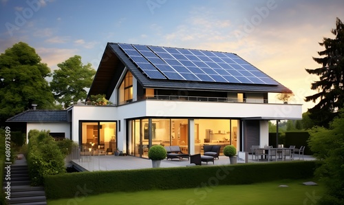 Solar panels on the gable roof of a beautiful modern home. Generative AI © PSCL RDL