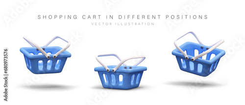 Blue realistic shopping cart in different positions. Empty basket. Set of vector images with shadows. Illustration for online store. Icons for site, application