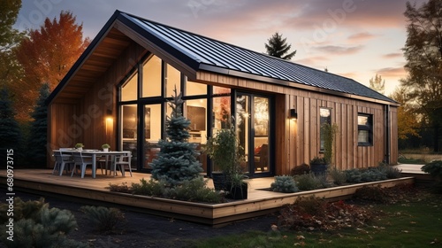 A saltbox house with cedar wooden cladding in daylig