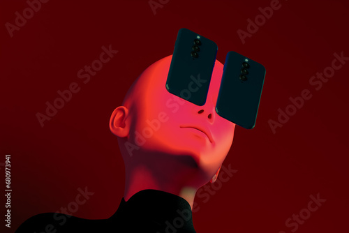 A man with a cell phones on his head photo