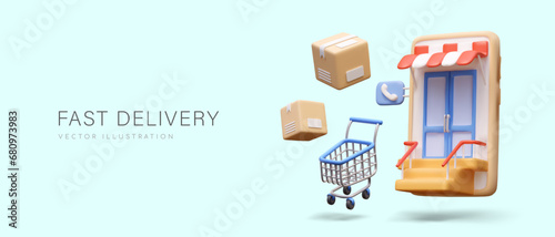 Concept of fast delivery. Realistic smartphone with doors to store, trolley, and composition of boxes. Vector illustration in 3D style with blue background and place for text