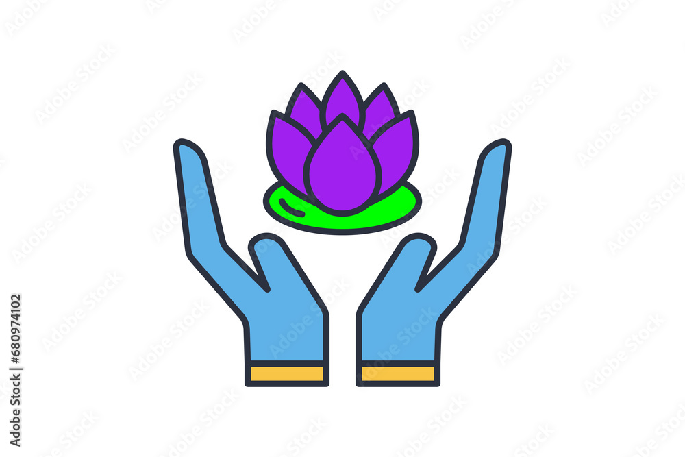 hand holding lotus icon. icon related to meditation, wellness, spa. flat line icon style. simple vector design editable hand holding lotus icon. icon related to meditation, wellness, spa. flat line icon style. simple vector design editable