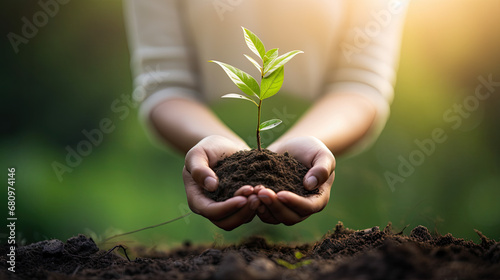 Earth Day concept Seedling Growth in Hand, Forest Conservation Concept on Green Bokeh Background