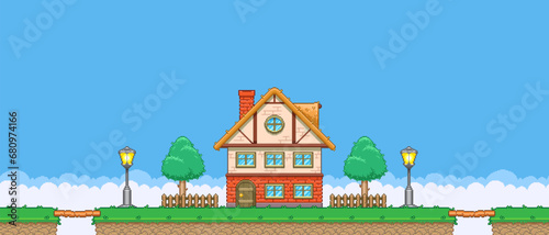 8bit colorful simple vector pixel art horizontal illustration of cartoon two story house between two street lamps on the island between the bridges in retro video game platformer level style