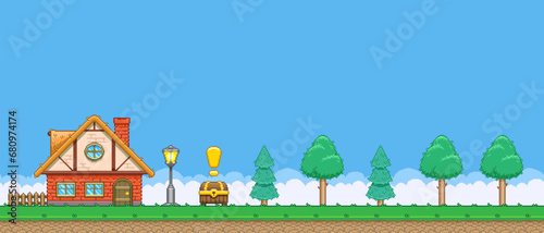 8bit colorful simple vector pixel art horizontal illustration of cartoon house and forest with quest treasure chest in retro video game platformer level style