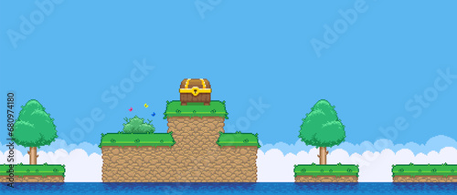 8bit colorful simple vector pixel art horizontal illustration of cartoon high island with a treasure chest in retro video game platformer level style