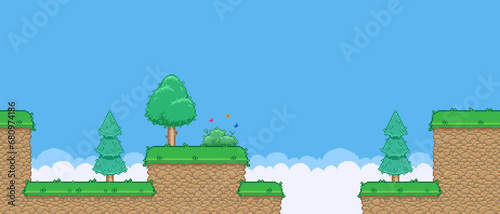 8bit colorful simple vector pixel art horizontal illustration of cartoon various trees and bush with butterflies in retro video game platformer style
