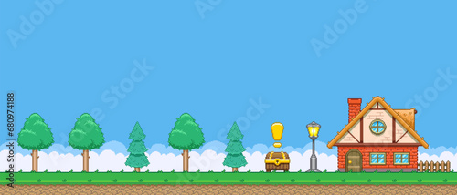 8bit colorful simple vector pixel art horizontal illustration of cartoon house and forest with quest treasure chest in retro video game platformer level style