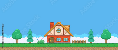 8bit colorful simple vector pixel art horizontal illustration of cartoon house between coniferous and deciduous trees in retro video game platformer level style