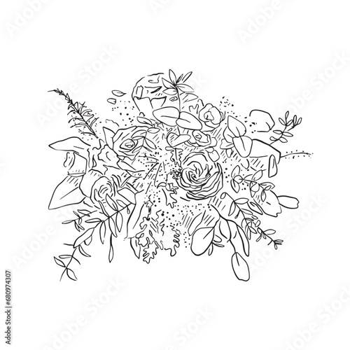 A line drawn illustration of a floral bouquet in a sketchy loose style featuring leaves, berries, roses and twigs. Drawn by hand.