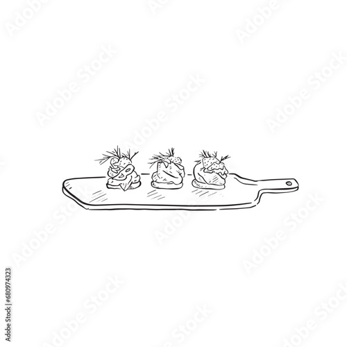 A line drawn illustrative vector of three canapes on a wooden chopping board-style tray. Black and white line drawing created by hand.