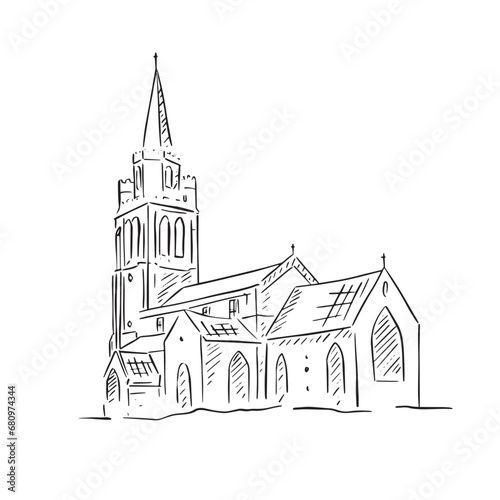 A line drawn illustration of the facade of a British church in black and white. Hand drawn in a sketchy style on Procreate using an Apple Pencil. 