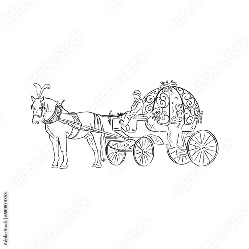 A line drawn black and white illustration of a horse and carriage. A method of transport when getting to a wedding! Hand drawn in black and white.
